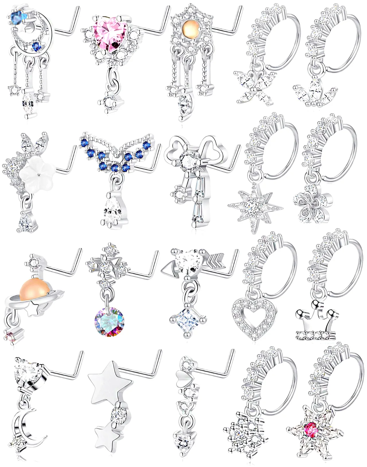 TORNITO Dangle Nose Studs with Tiny Hoops, Silver