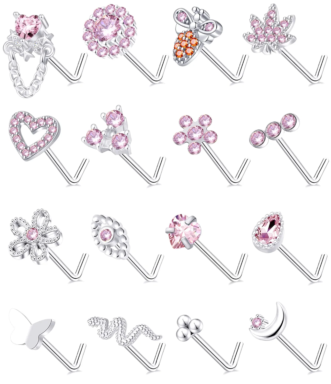 TORNITO Colored CZ Dangle Nose Studs, Pink