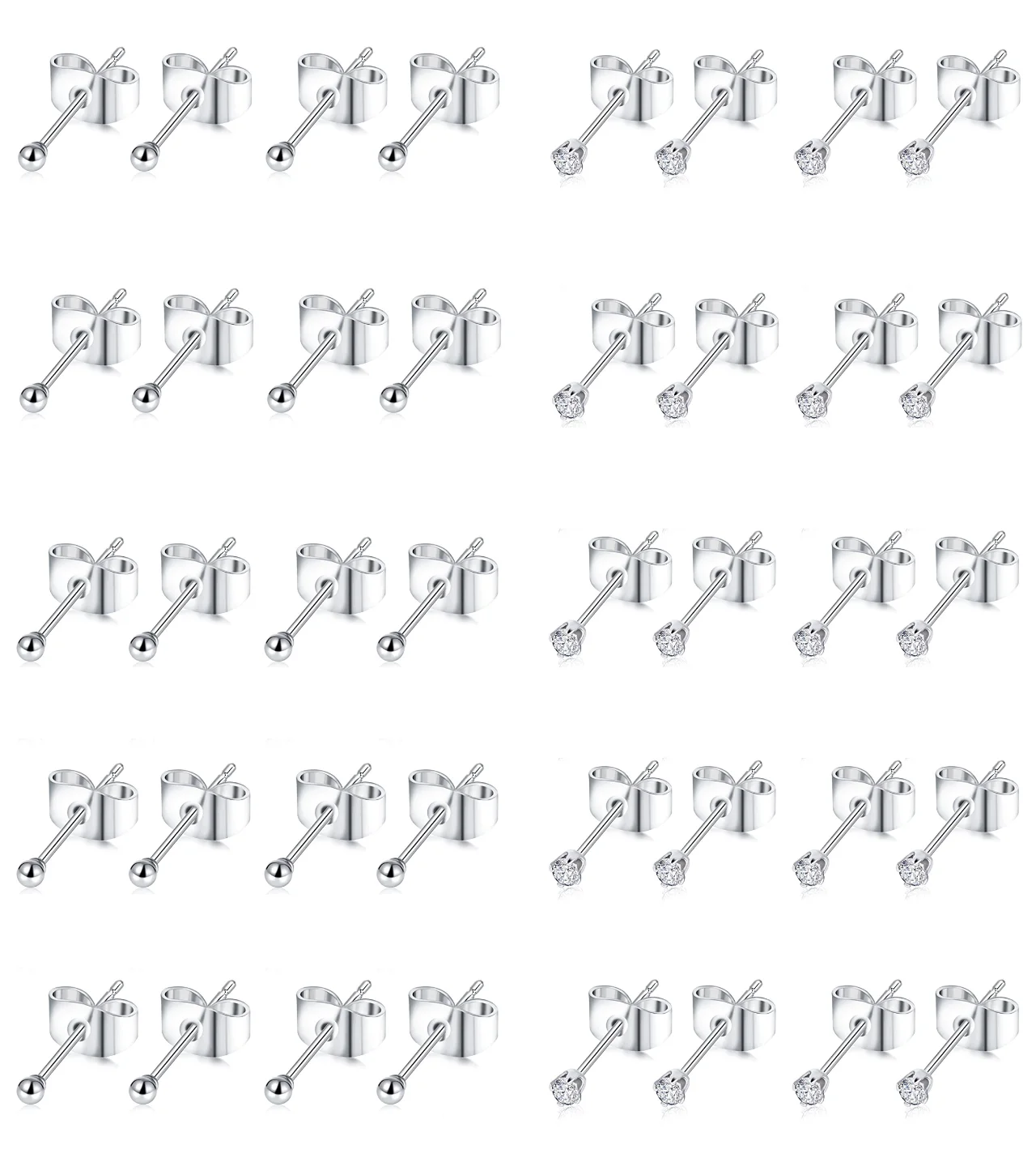 TORNITO Tiny 2mm Ball and CZ Stud Set, CZ and Ball, 20 pairs