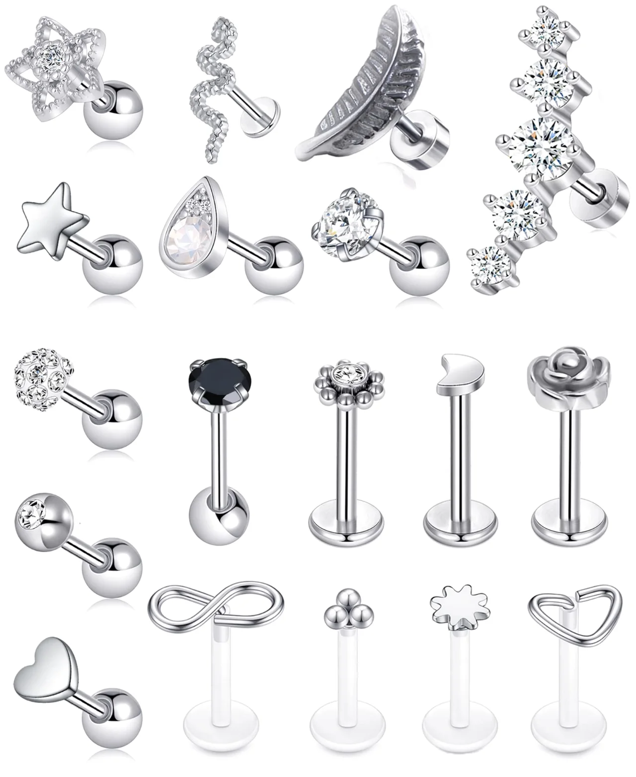 TORNITO Snake, Heart and Butterfly Cartilage Studs, Silver (Snake)