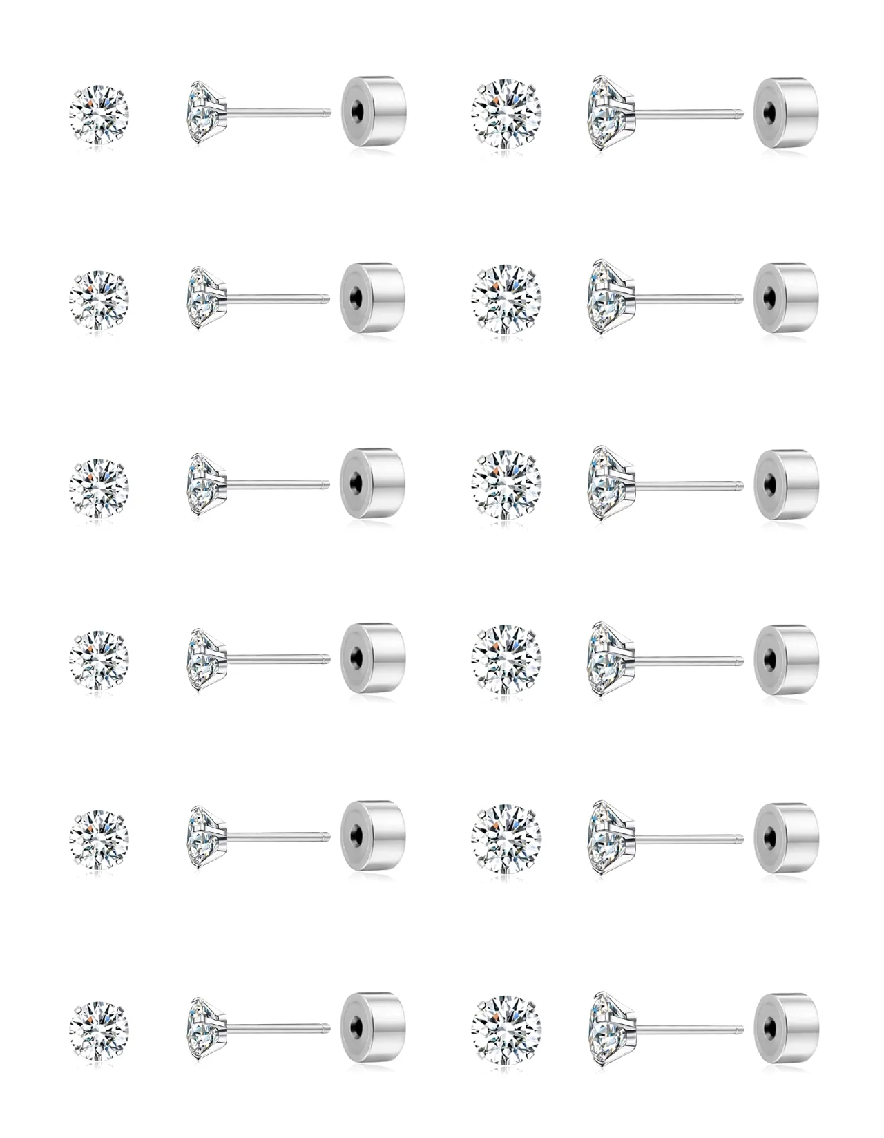 TORNITO Tiny Threadless Flat Back CZ Studs, 2mm and 3mm, 6 pairs