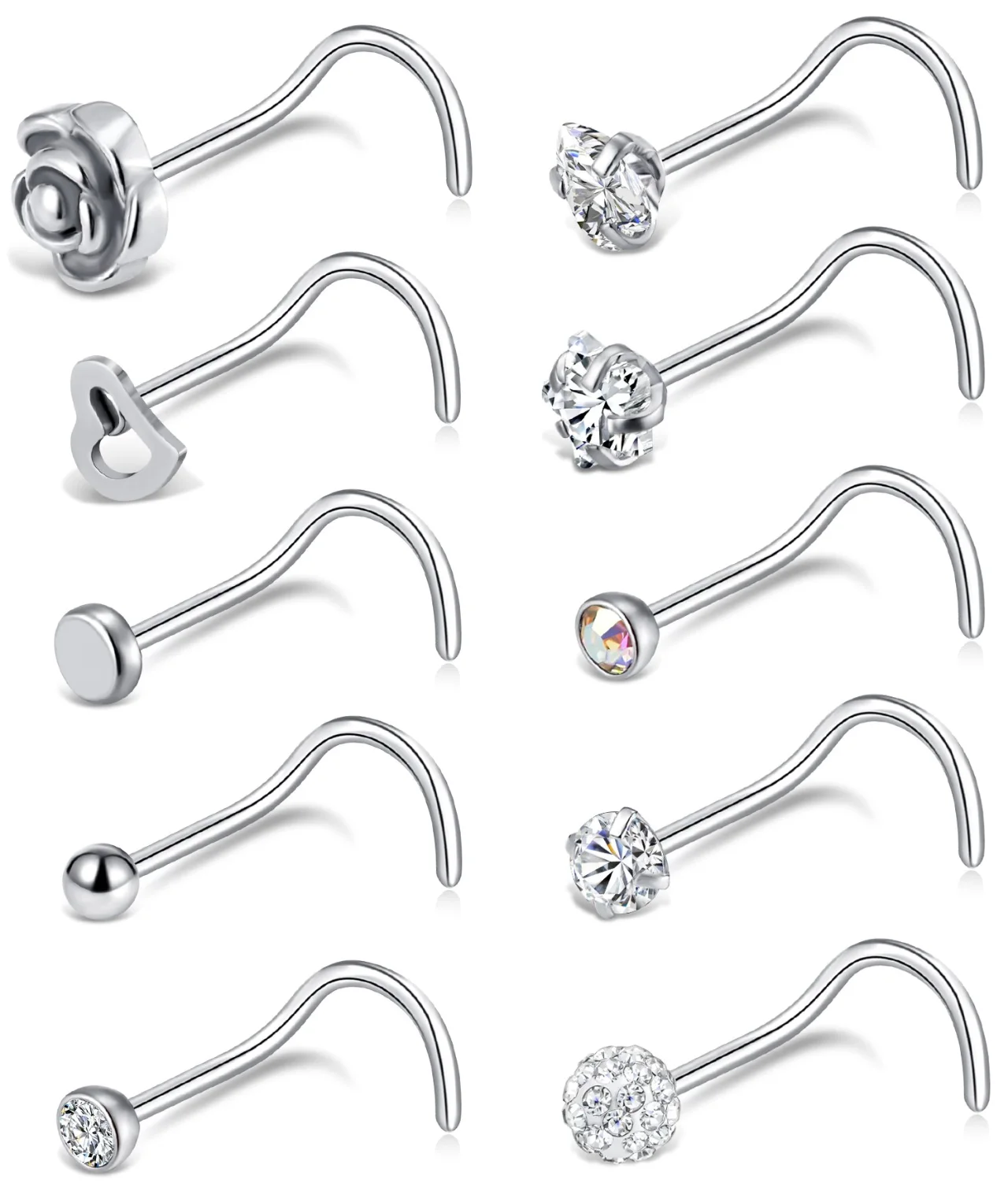 TORNITO Screw Nose Studs with CZ, Silver