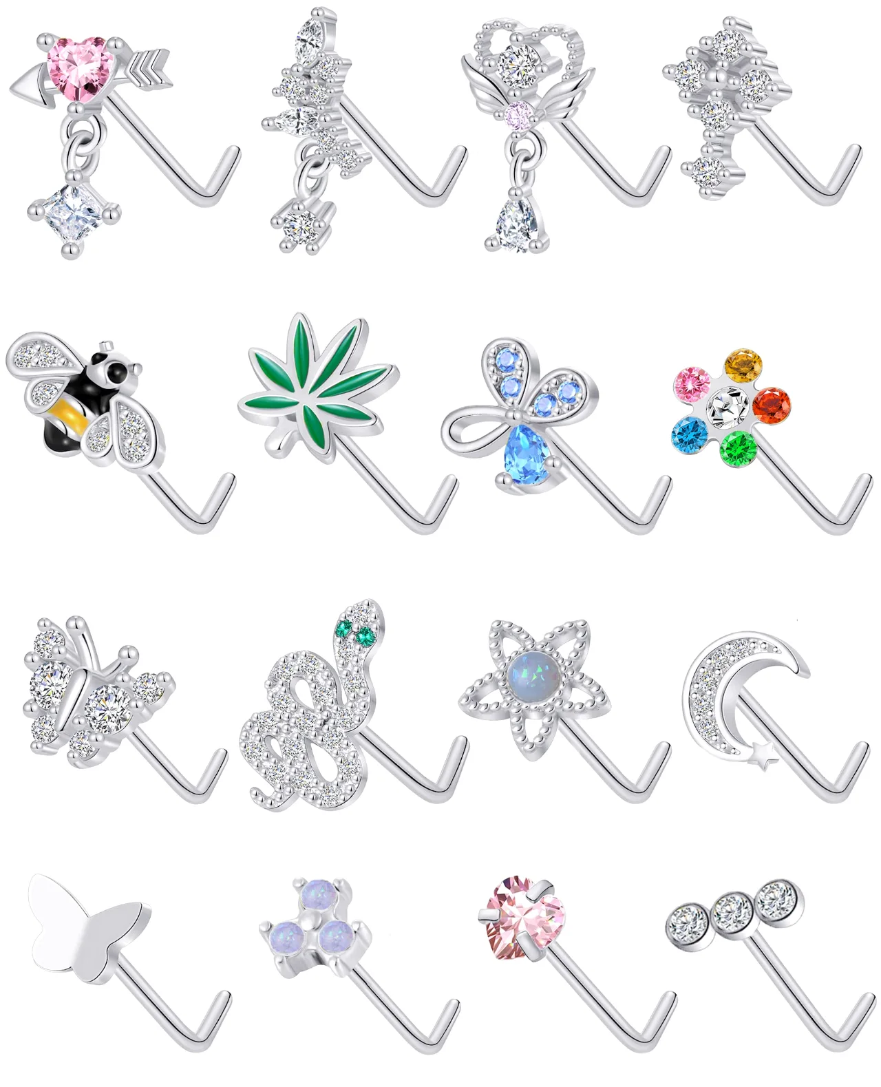 TORNITO Bee, Snake and Leaf Nose Studs, Silver Plated