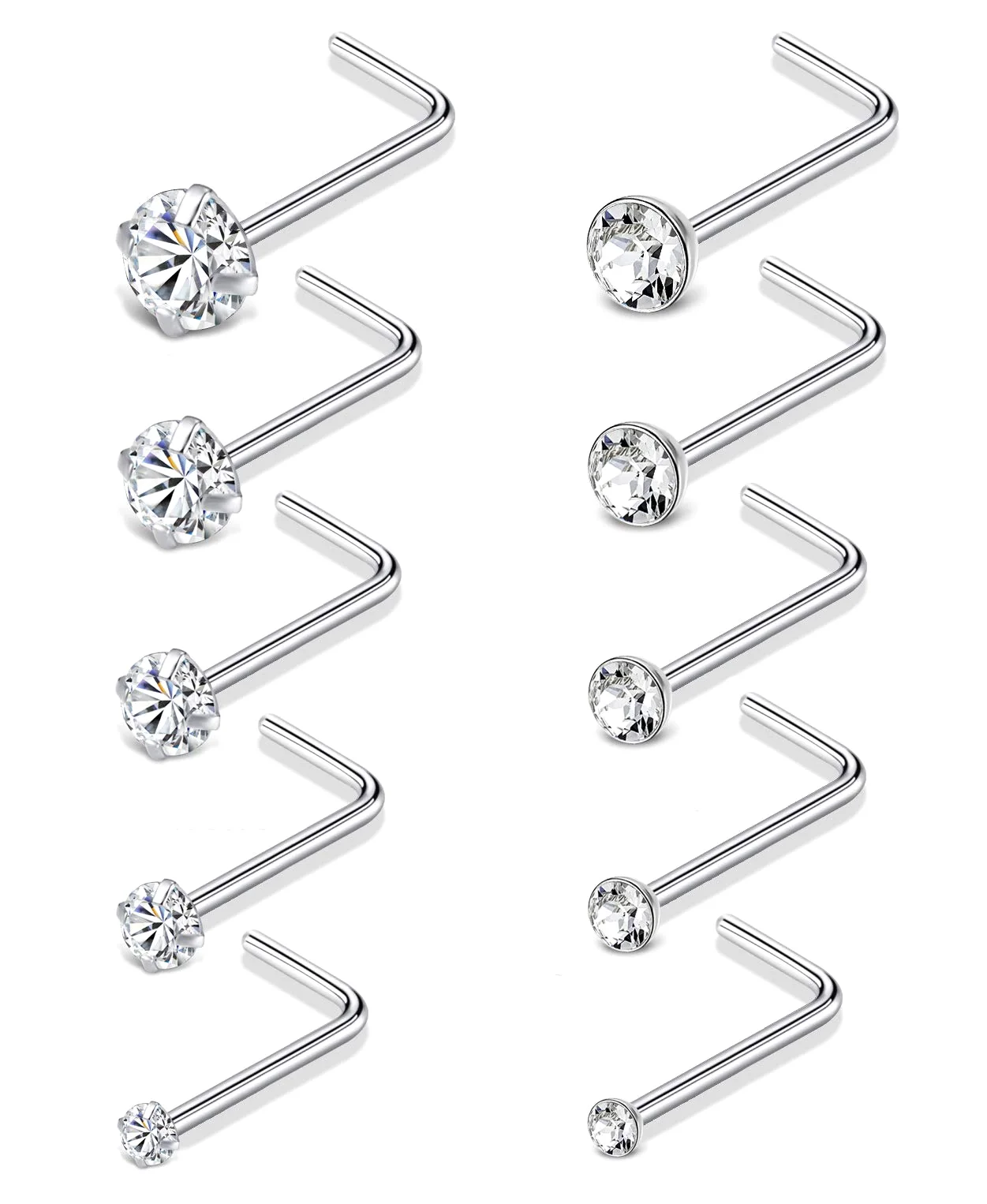 TORNITO Square and Round CZ Nose Studs, L Shaped