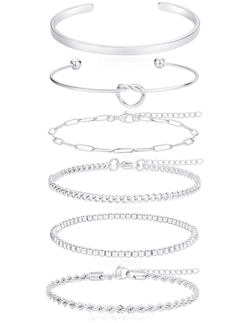 TORNITO Paperclip and Cuban Chain Bracelets, Silver