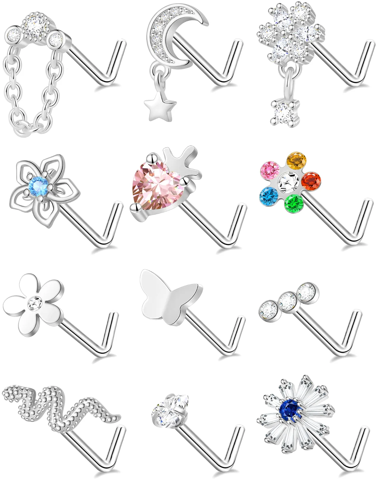 TORNITO Dangle Charm Nose Studs, Style A, Silver