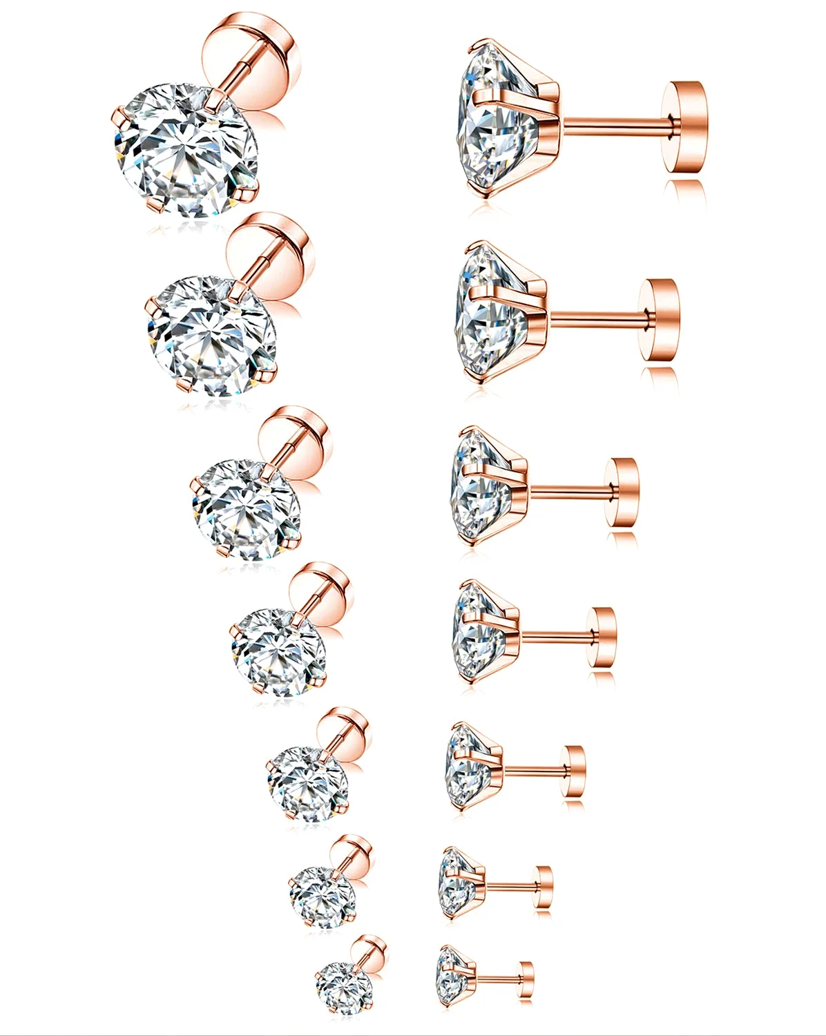 TORNITO Graduated CZ Stud Set in Gold, Rose Gold and Black, Flat Backs