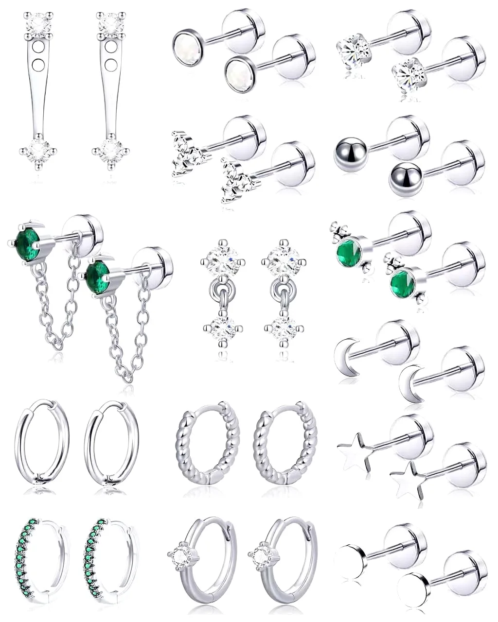 TORNITO Gold Flat Back Stud Stack, Silver