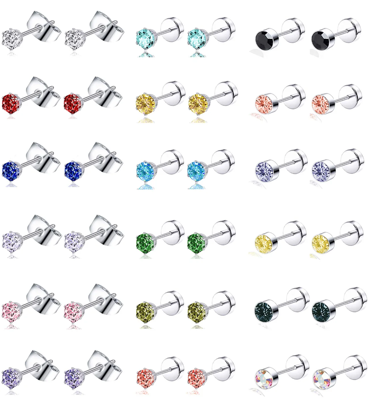 TORNITO Multicolor CZ Screw Back Cartilage Studs, 3MM CZ