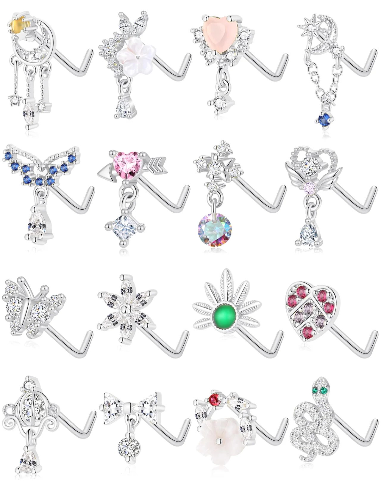TORNITO Snake and Heart L-Shaped Nose Studs, Silver