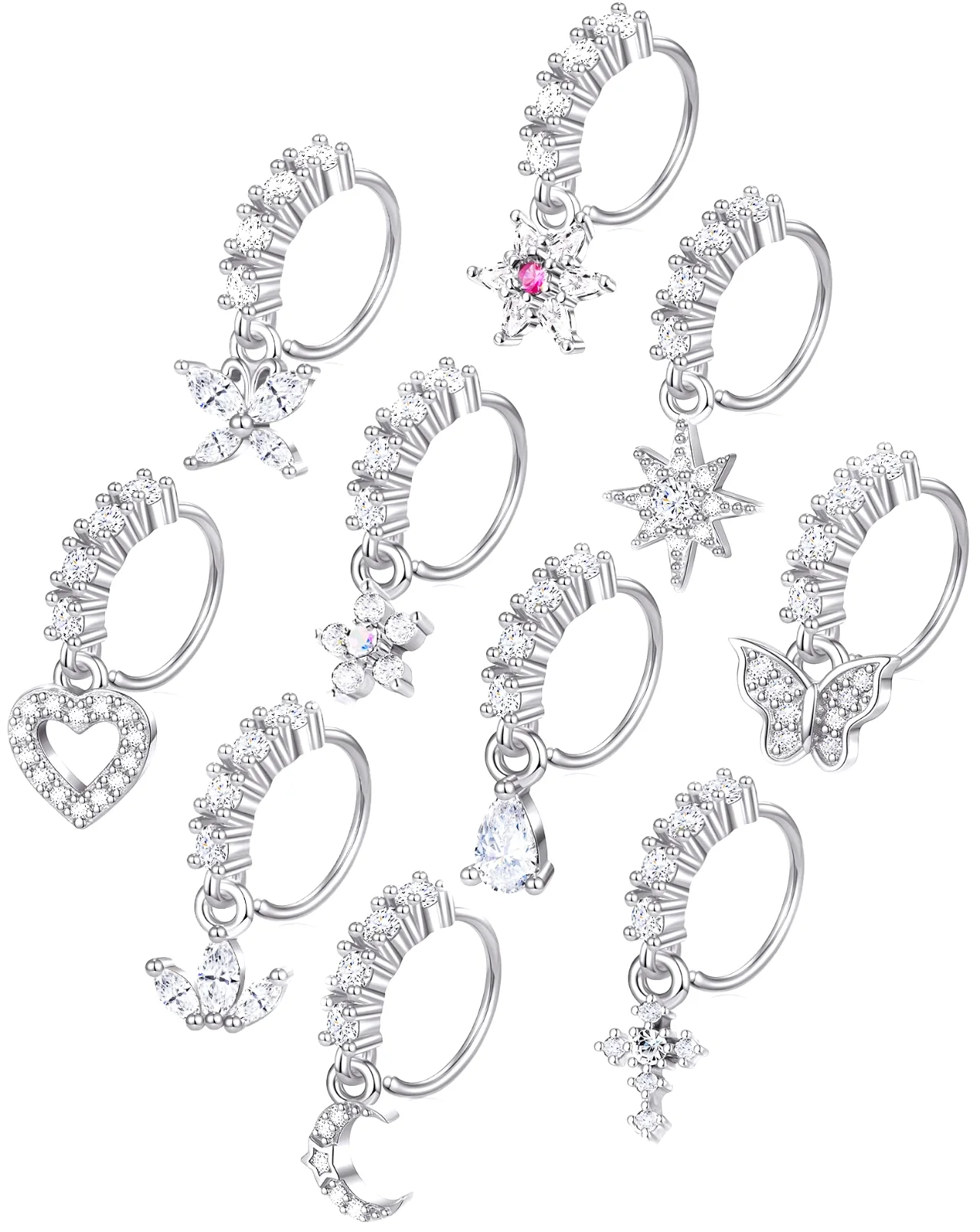 TORNITO Dangle Charm Nose Hoops, Silver