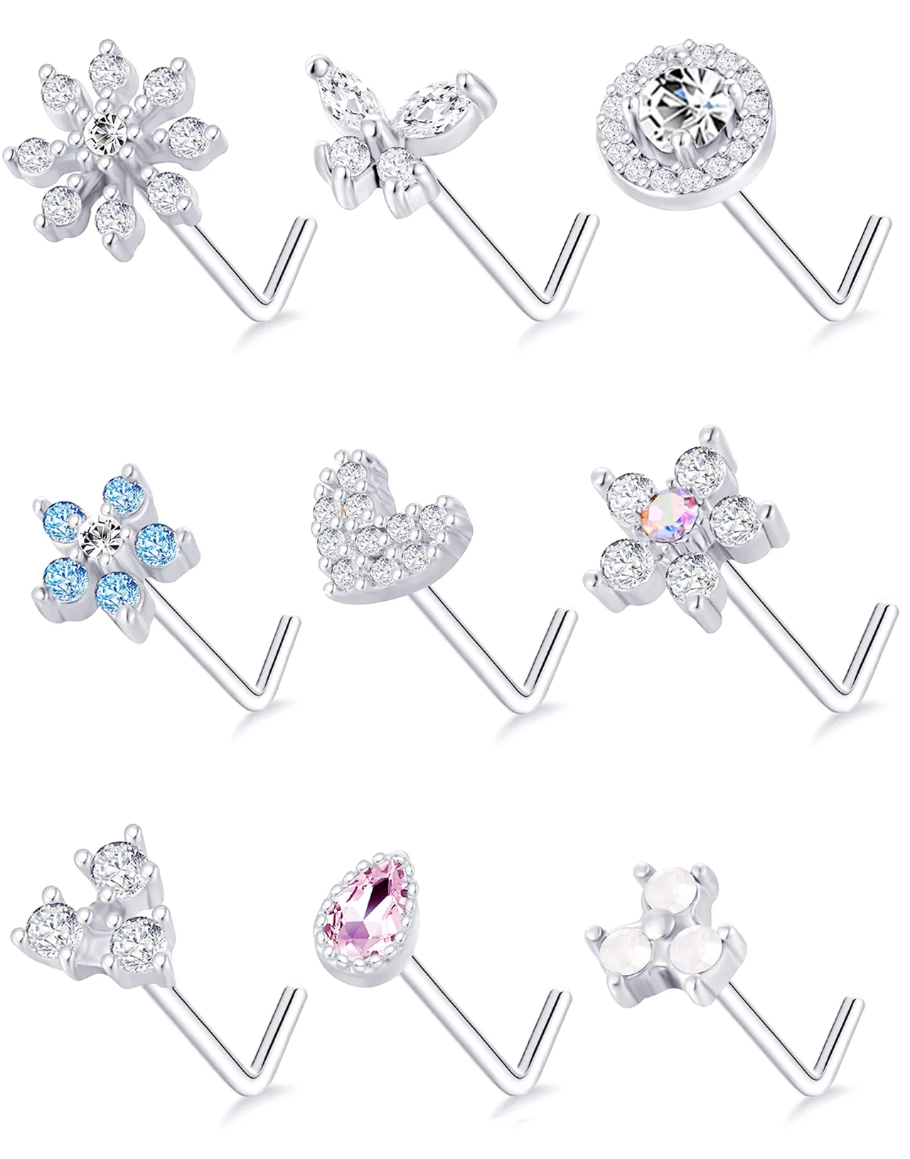 TORNITO Flower and Butterfly Nose Studs, Silver