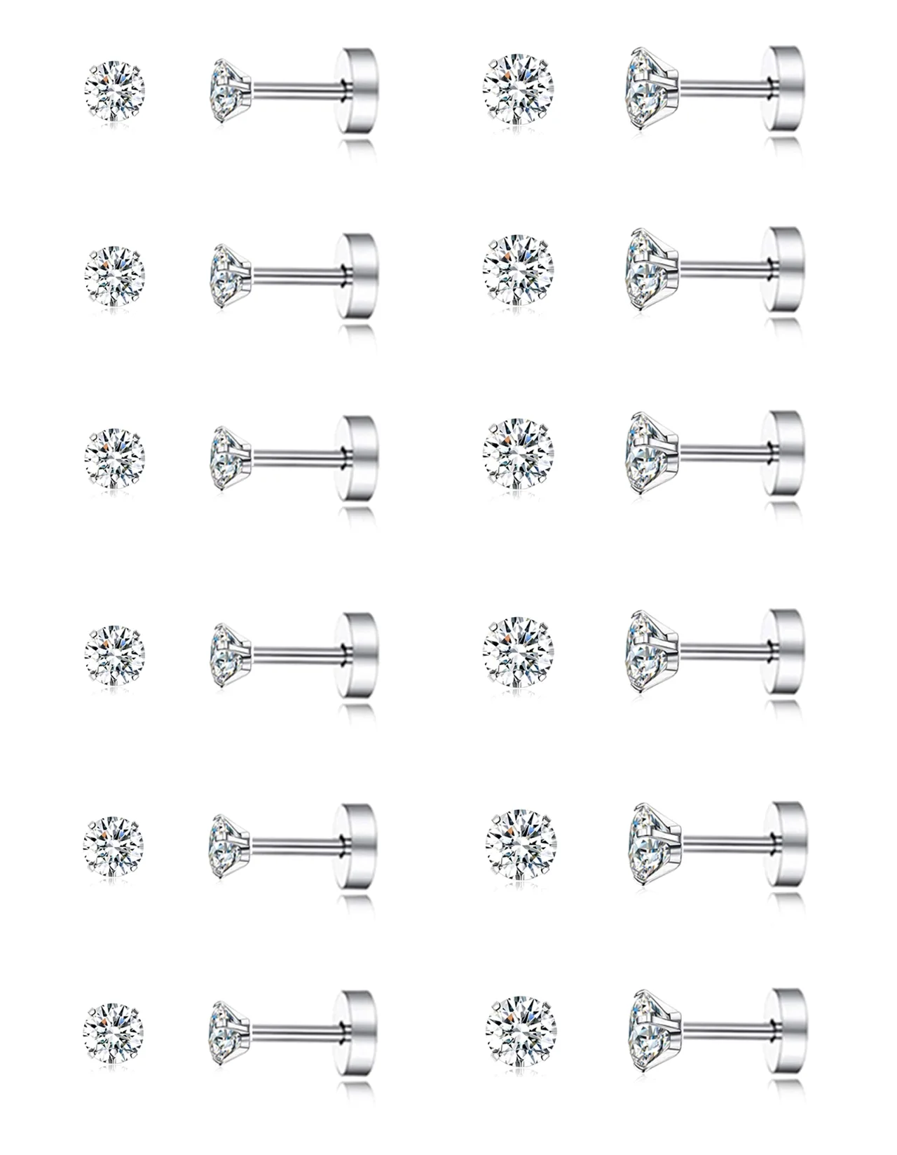 TORNITO Round CZ Barbell Stud Set, 2mm and 3mm, 2mm and 3mm, Flat Back