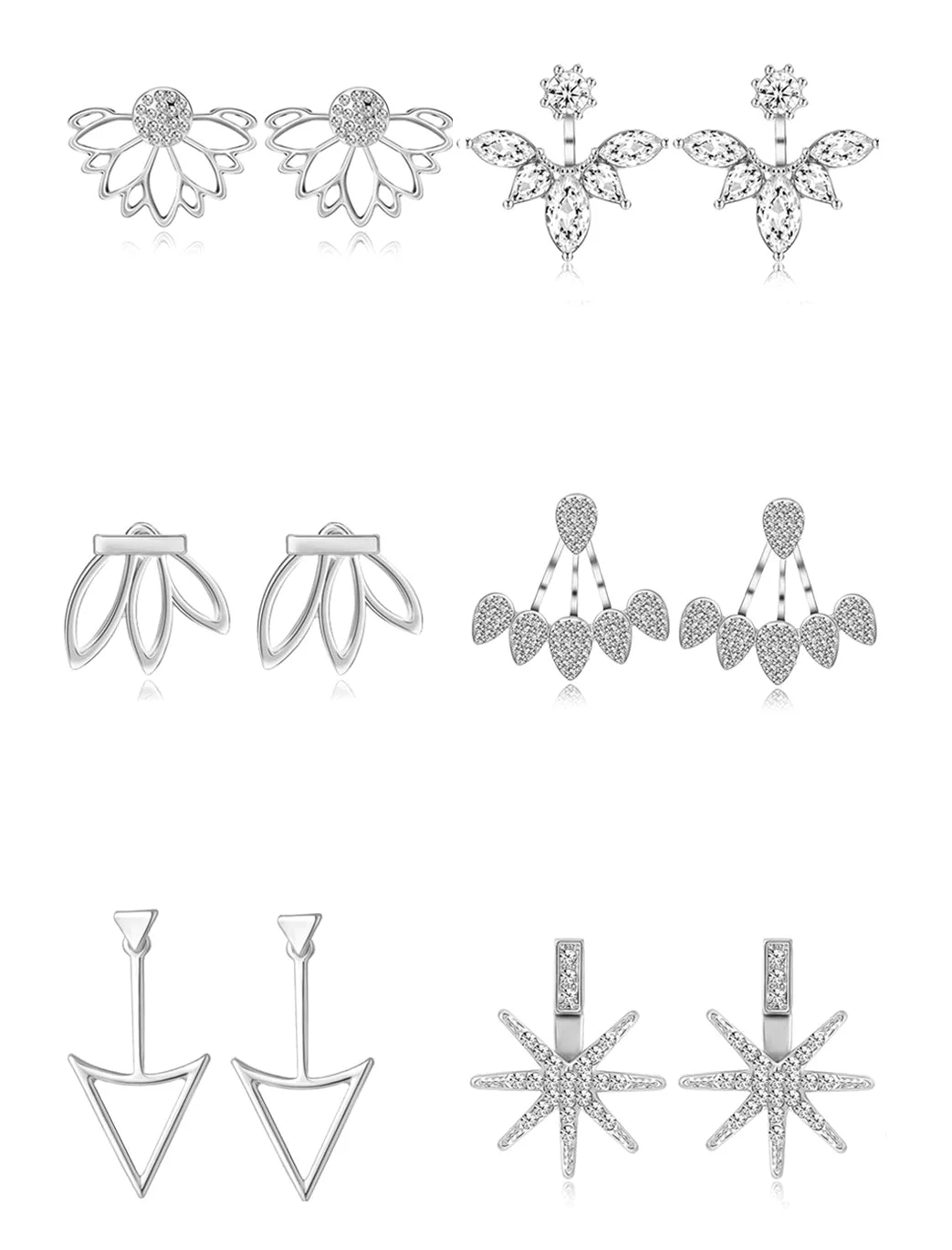 TORNITO Lotus Flower Earring Jacket Set, Silver, 6 pairs