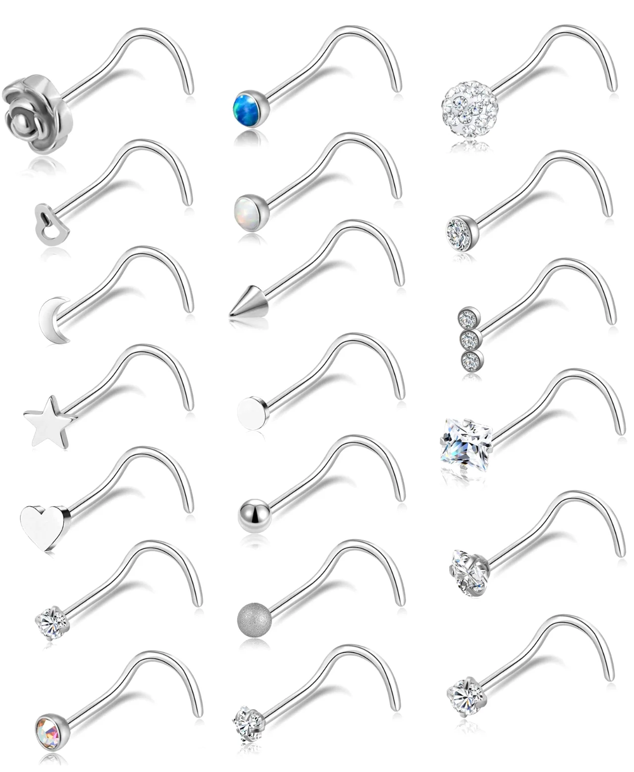 TORNITO CZ Nose Studs in Three Shapes, Silver and Black, Screw Shaped, Silver