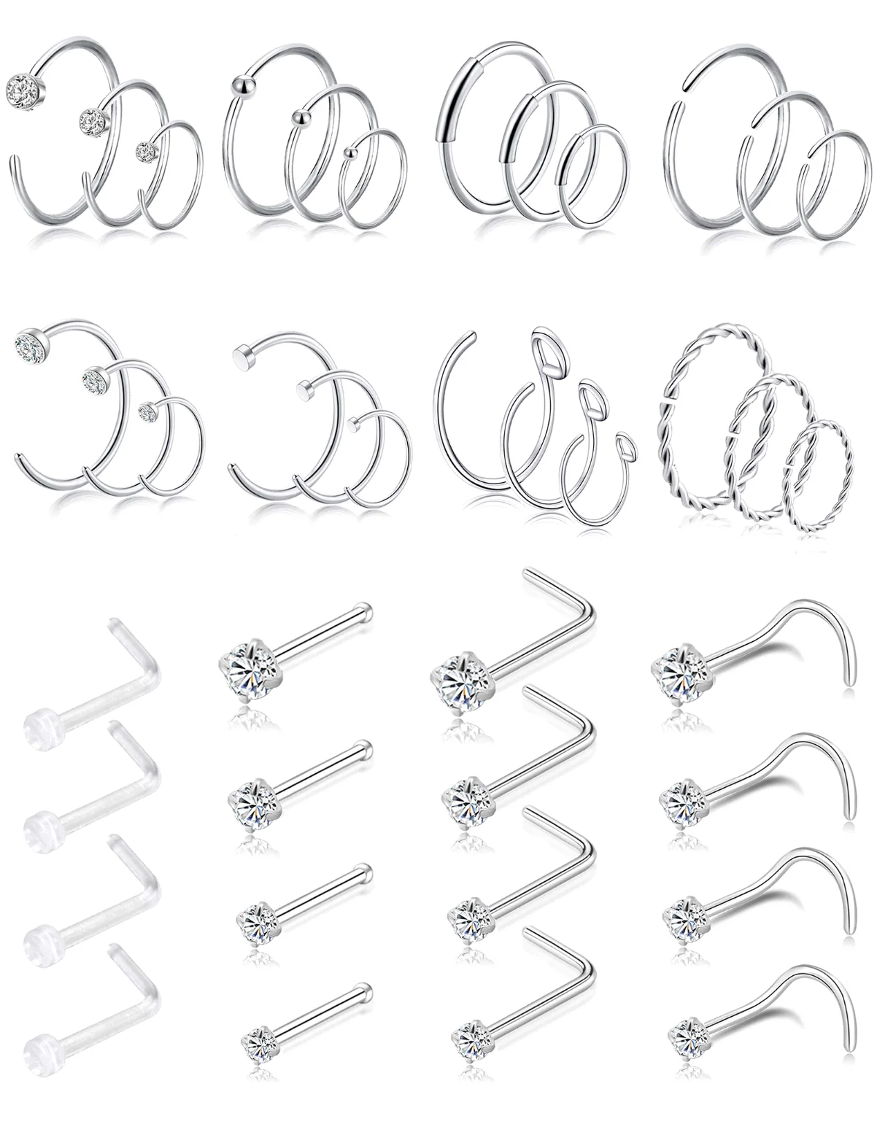 TORNITO Curved Nose Stud Pack, Silver