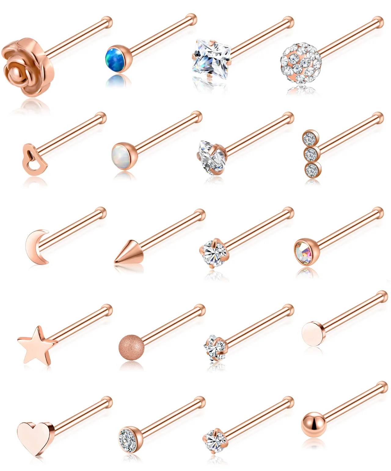 TORNITO CZ Nose Studs in Three Shapes, Gold Tones, Bone Shaped, Rose Gold